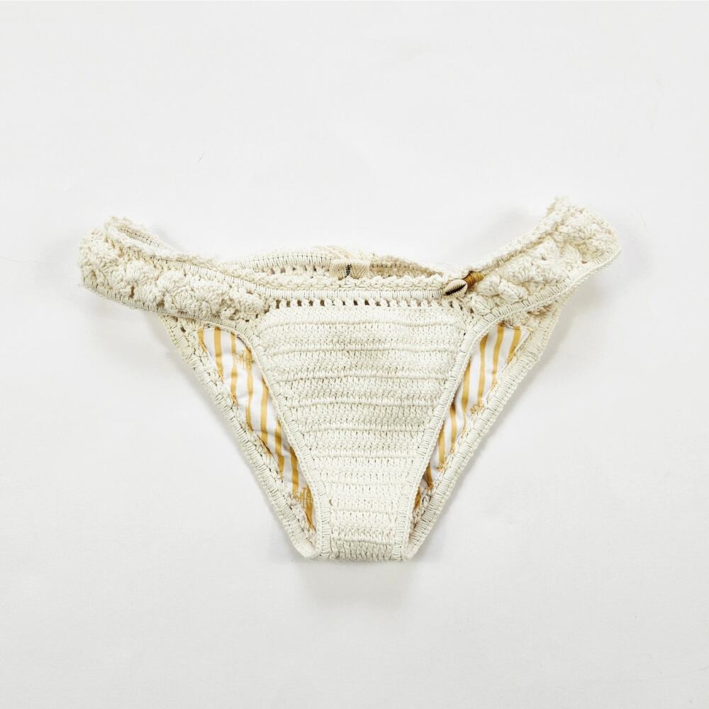 SHE MADE ME Cream Crochet Bikini Bottom with Yellow Stripe Liner